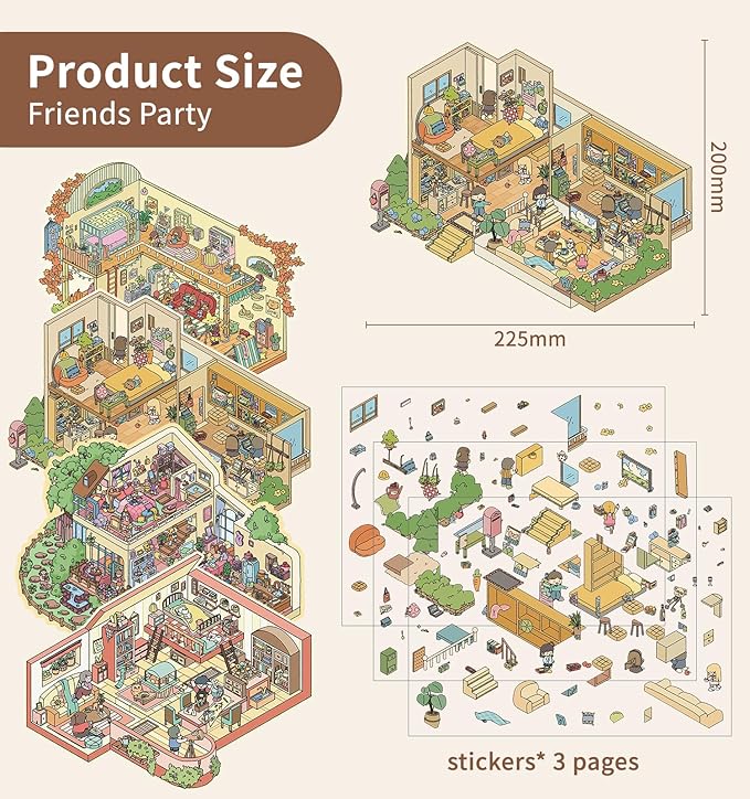 DIY 3D House Stickers, 4 Sets Fun DIY Stickers Scene Make Your Own Mini House Cute Cartoon Animal Scene Stickers for Kids Adult Sticker Art Relief Stress Pass The Time- Large Size