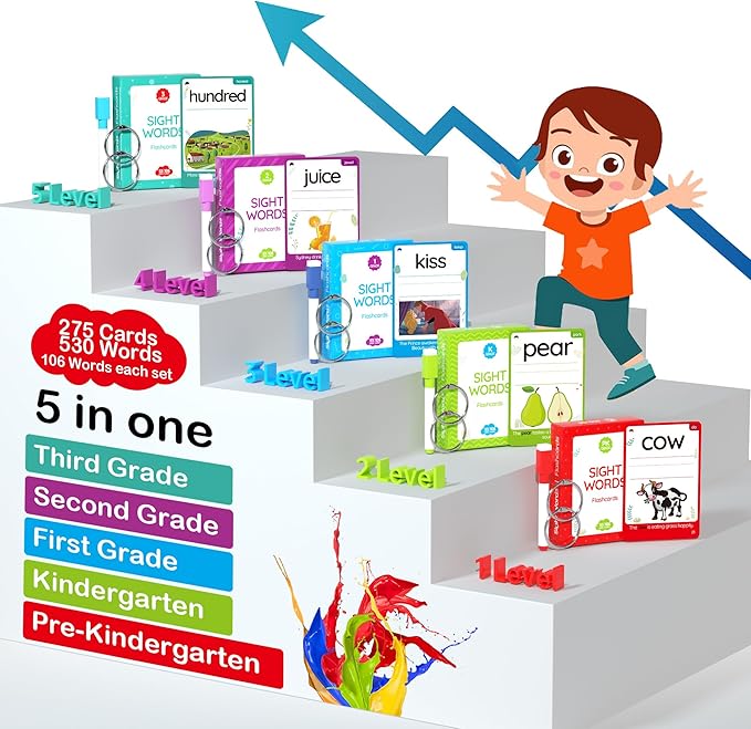 WJPC 275 Cards, 530PCS High Frequency Sight Words Flash Cards with Pictures, Sentences, for (Pre-Kindergarten, 1st, 2nd, 3rd 4th Grade, 4,5,6,7,8,9,10,11 Years Ages Kids Preschool, Homeschool