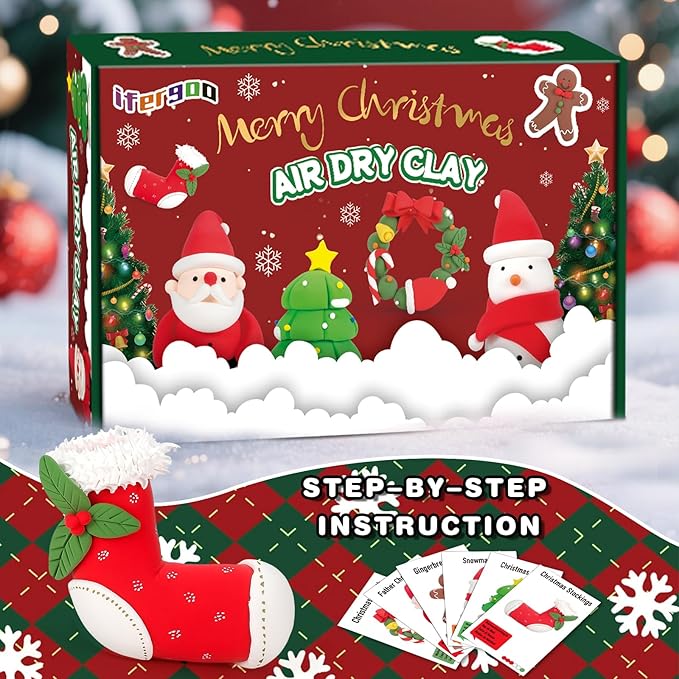 ifergoo Air Dry Clay for Kids - Christmas Modeling Clay Kit, 6 Christmas Molding Designs, Creative Sculpting Activity Kit with Tools & Tutorials, DIY Art Craft Gifts for Girls and Boys
