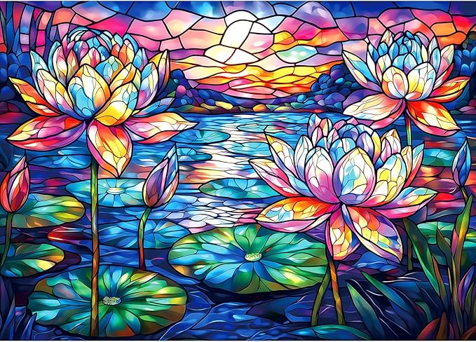 Stained Glass Flower Puzzles for Adults 1000 Pieces Colorful Waterlily Impossible Hard Puzzle for Adults Beautiful Vintage Flowers Art Jigsaw Puzzles Unique Challenging Mosaic Floral Family Puzzle