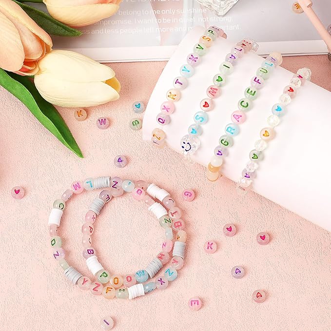 1900pcs Letter Beads, DECYOOL Glow in The Dark Letter Beads, Acrylic Alphabet Beads, with 1 Roll Elastic String for Bracelet Necklace Jewelry Making Supplie