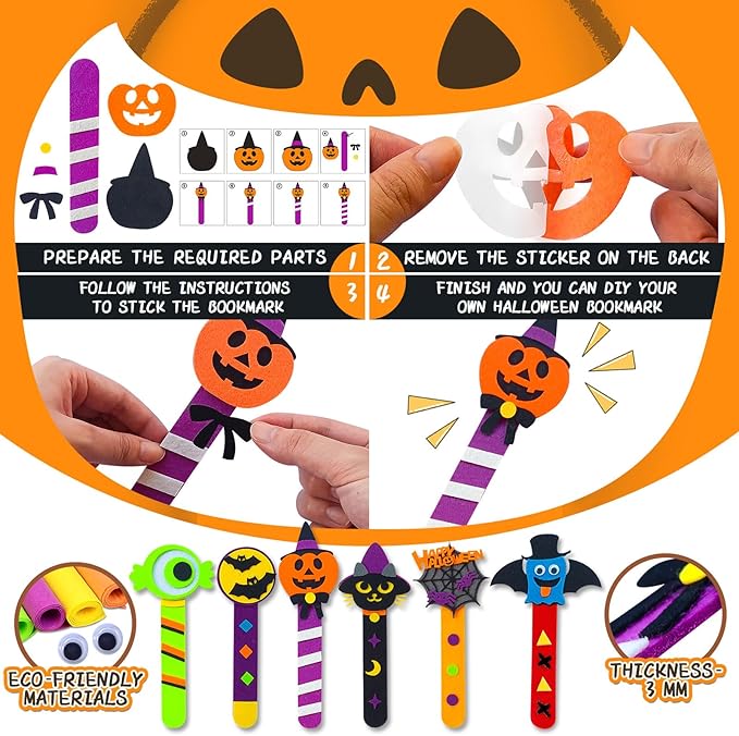 24 Piece Halloween Crafts for Kids Ages 4-8, DIY Bookmark Craft Bulk for Party Favors & Classroom Rewards