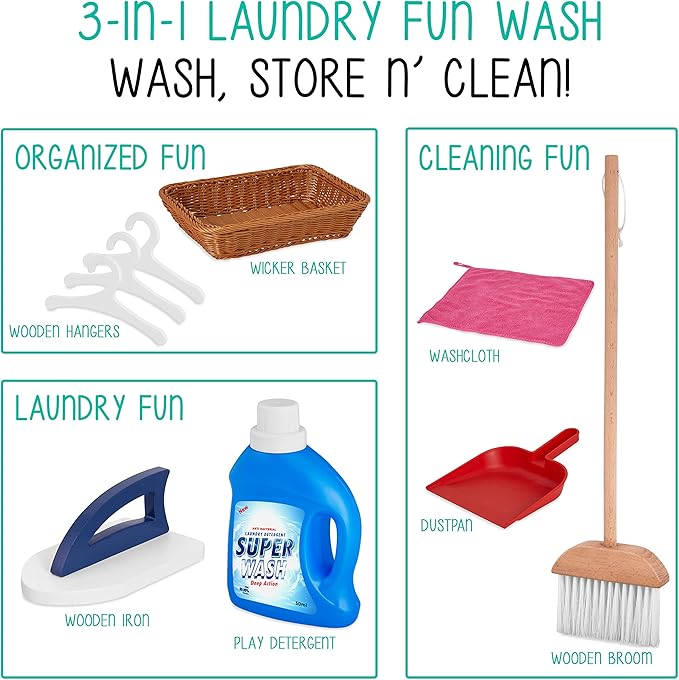 Lil' Jumbl Kids Washer and Dryer Playset, Wooden Children's Pretend Laundry Set, Includes Broom, Dustpan, Iron, Hangers & Basket, Realistic Laundry Room for Kids