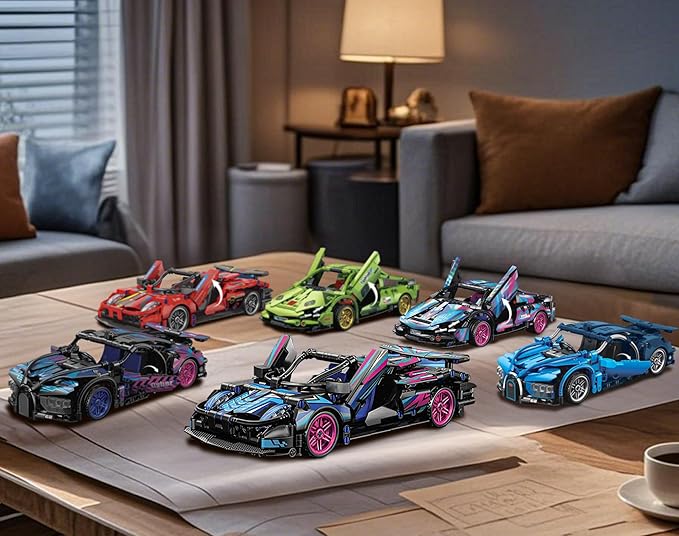 Sosuy Building-Block Race-Car Set, 1:18 Technical Model Kit 513 Pcs DIY Pull-Back Cyberpunk Toy for Boy Girl Kid Age 6+ Year, Birthday Gift for Teen Adult Display, Speed Super Sports Cars Bricks Icons