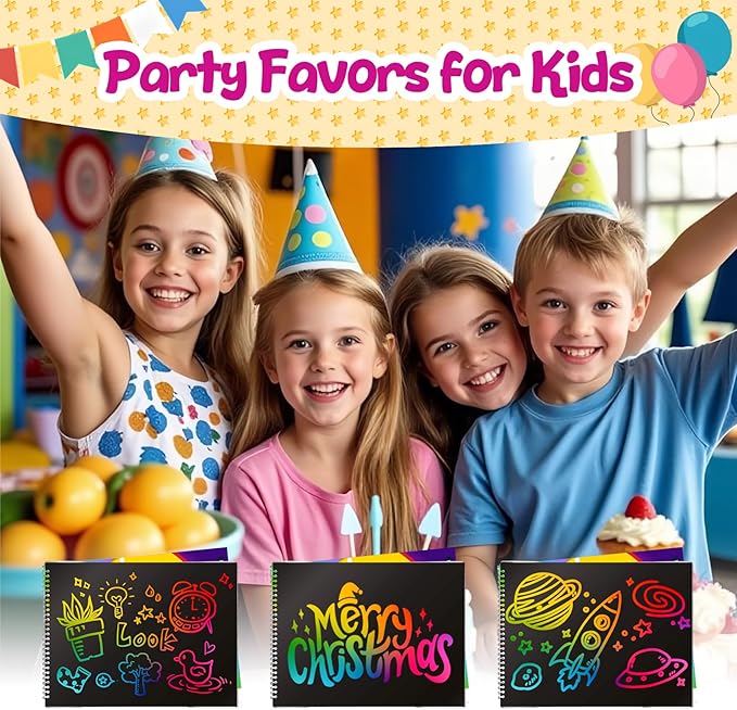 Decojoy Party Favors for Kids 4-8, Scratch Art Birthday Return Gifts, Bulk Rainbow Scratch Paper Notebook 24 Sets Supplies, Cool Craft Kit Goodie Bags Stuffers for Girls Boys School Classroom
