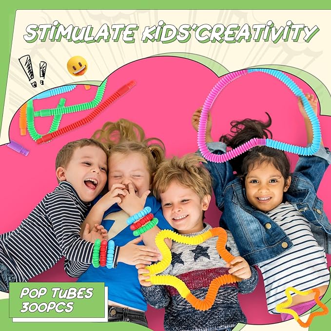 Jerify 300 Pcs Pop Tubes Sensory Toys Party Favors for Kid Fidget Toy Sensory Learning Tubes for Anxiety Goodie Bag Stuffers School Classroom Prizes Gift Adults Stress Relief Birthday Halloween Party