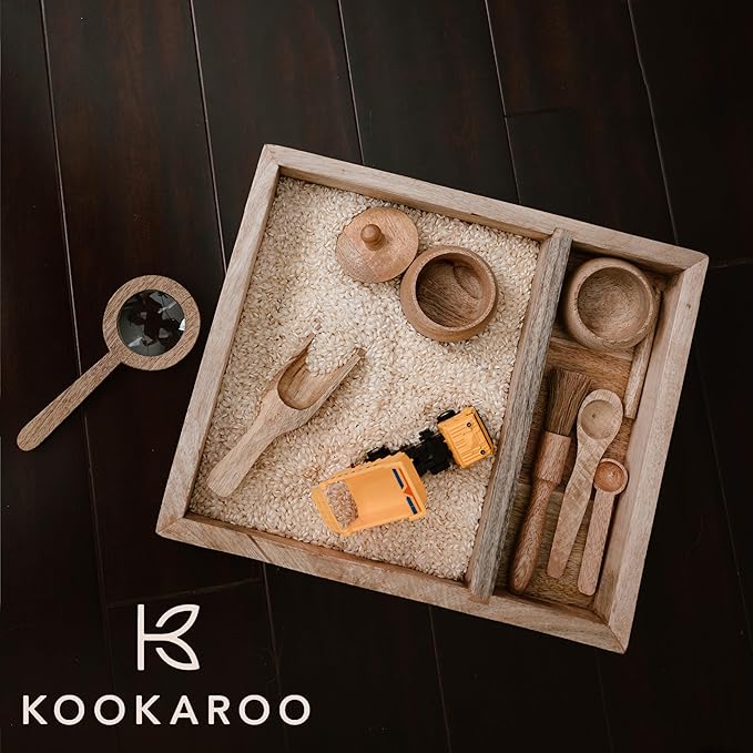 Wooden Sensory Play Bin Set – Montessori Fine Motor & Tactile Exploration Kit with Wooden Tools, Natural Mango Wood