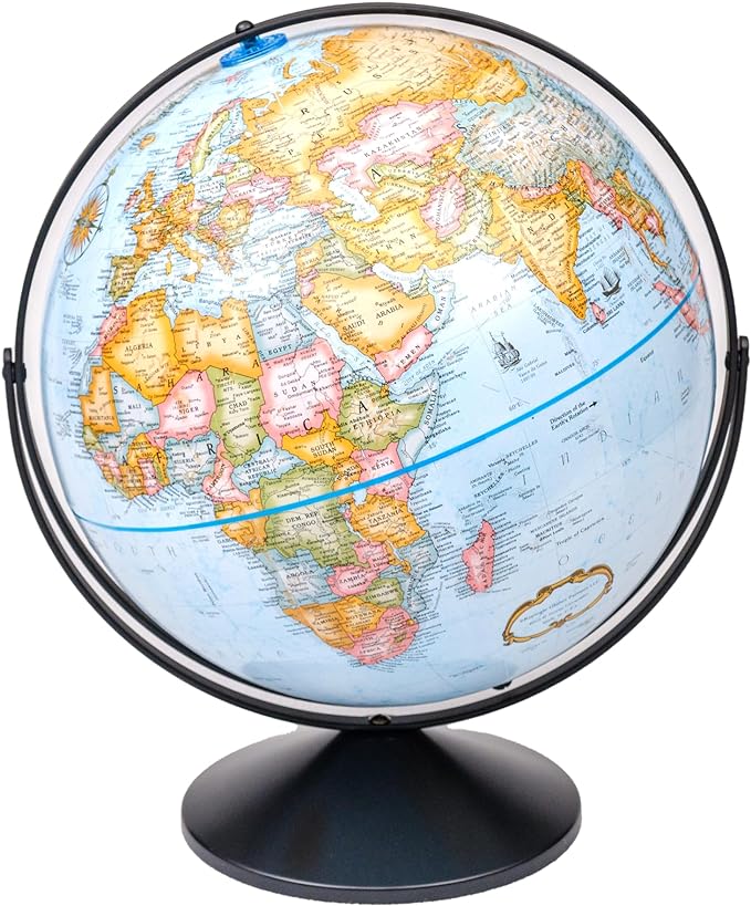 Replogle Eureka 16 inch desktop globe with up to date antique raised relief map and full swing gyromatic assembly. The beautiful blue ocean globe ball has vast amounts of up-to-date information will peak the interest of any geographical connoisseur of ...