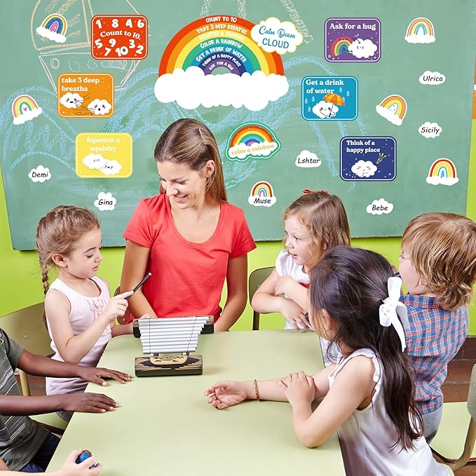 Tatuo 69 Pcs Calming Corner Posters Calm Down Cloud Mini Bulletin Board Set Calming Corner Supplies Rainbow Cloud Cutouts Classroom Decor for Back to School Kids Educational Learning Activities