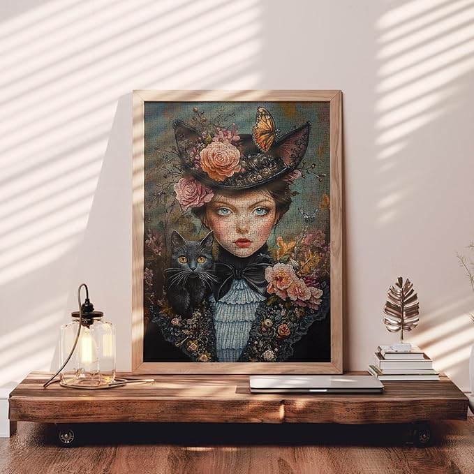 Flowers Girl 1000 Piece Jigsaw Puzzle Vintage Woman Educational Toys for Adults Gifts Beauty Women and Cat 1000 Piece Jigsaw Puzzle for Adults Challenging Puzzle Perfect for Game Nights