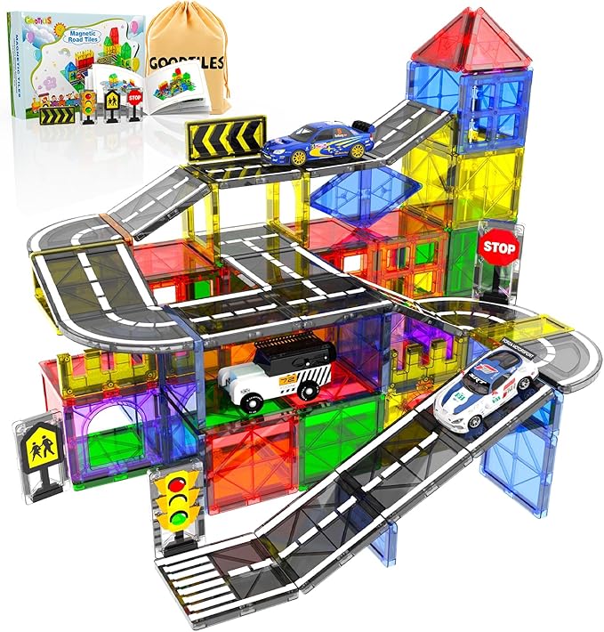 Magnetic Tiles - Road Set, Magnetic Building Blocks, Preschool Montessori Toys Gift for 3+ Year Old Boys and Girls, Sensory Travel Toys for Kids Aged 3-5 and 4-8, Ideas for Toddler with Autism