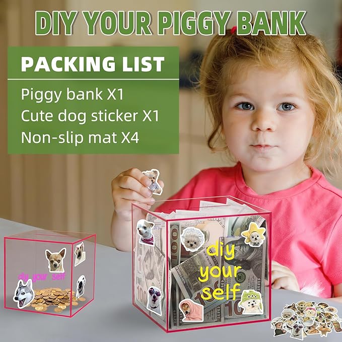 Clear Piggy Bank for Adults/Kids, Acrylic Unopenable Money Box for Cash Coin Saving, Must Break to Open, Money Saving Jar for Adults Boys Girls, Size 5.9''