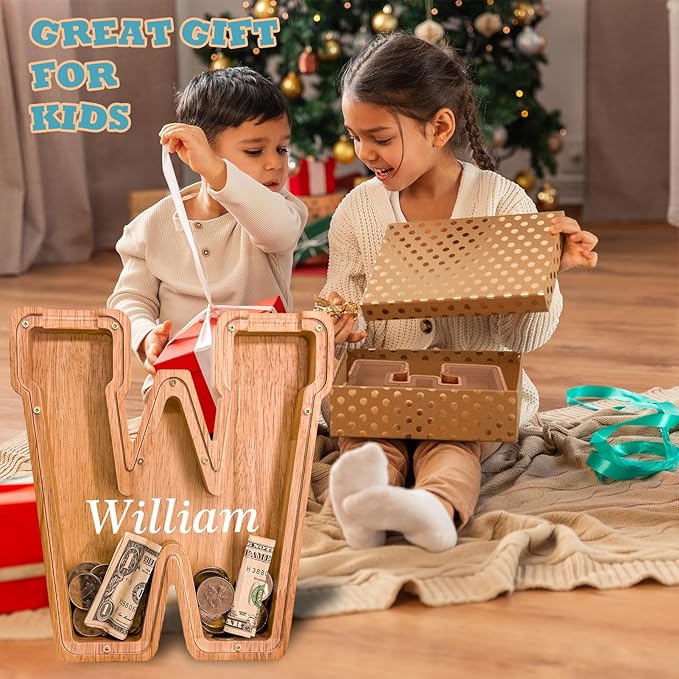 Wooden Letter Piggy Bank for Kids Larger Letter Piggy Bank for Boys and Girls Personalized Piggy Bank Initial Coin Bank Wood Kids Money Bank for Birthday and Festival