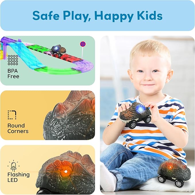 PicassoTiles 2 Piece Swift Highly Detailed Race Track Truck Dinosaur Cars Accessories in Bulk Package Compatible with STEM Magnetic Tile Race Track Building Kits for Kids Boys & Girls Ages 3+ PTE10