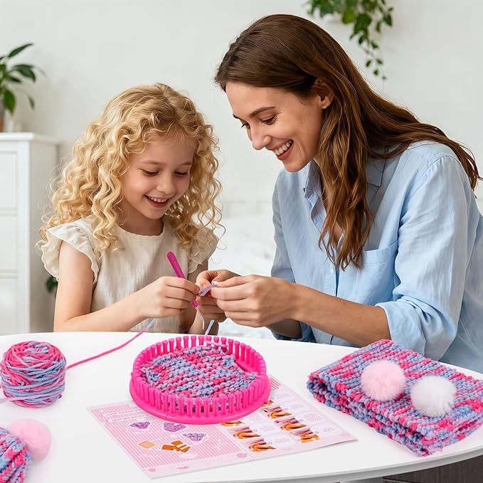 AHCo. Knitting Loom Kit for Girls Ages 6 7 8 10 11 12 – DIY Yarn Craft Set with Looms, Hooks, Storage Bag and Tools, Create Hats, Scarves, Coasters – Fun Gift for Beginners and Kids (Rose)