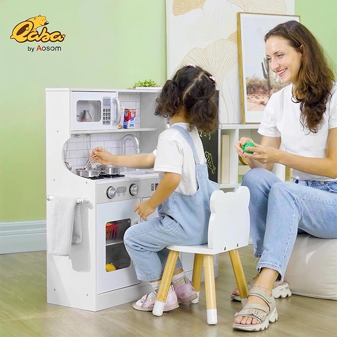 Qaba Kids Kitchen Playset - Pretend Play Toy Kitchen with Phone, Chalkboard, Towel Rack, Ice Maker, 5 Accessories, Storage Space, Microwave & Sink - Gift for 3-8 Years, White