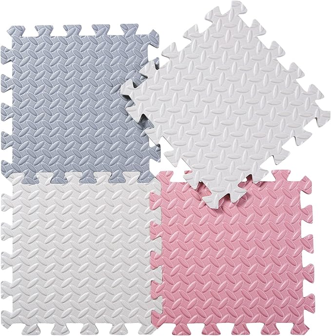 Foam Floor Mats for Kids, 12 x 12 Inch 16 Tiles 0.4" Thickness Foam Play Mat, Non-Toxic Square Interlocking Floor Mats Rubber Baby Play Mat for Toddlers(White/Gray/Lori Pink)