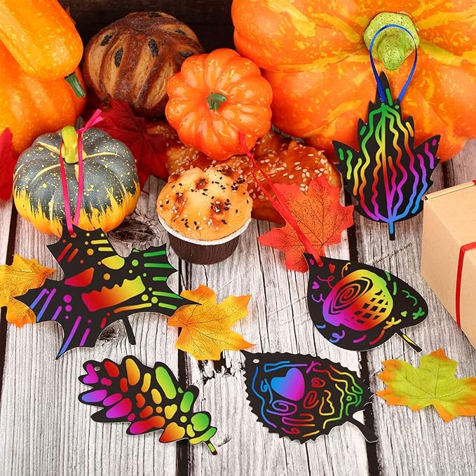 50 Pieces Scratch Fall Leaves Colorful Scratch Leaves Paper with Ribbons and Wooden Stylus for Thanksgiving Harvest Party(Black)