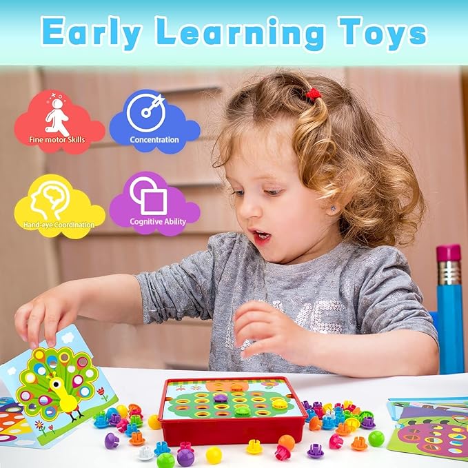 Button Art Toys for Toddlers Ages 3-5, Early Learning Educational Toys, Color Matching Mosaic Pegboard, Fine Motor Skills Game, Preschool Learning Crafts Activity Gifts for Boys & Girls 3+