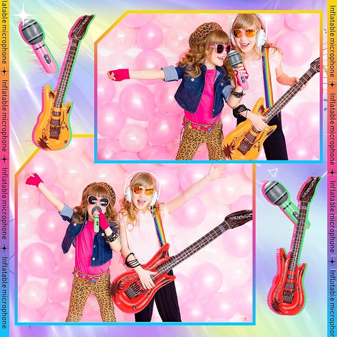 48 Pcs Colorful Inflatable Instruments Rock Star Toy Set Including 24 Plastic Microphones, 24 Guitars and 1 Inflator for Musical Concert Themed Party Decoration