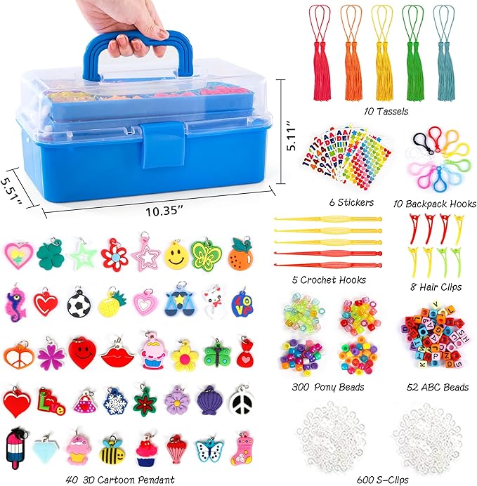 INSCRAFT 17500+ Rubber Loom Bands with 3 Layer Deep Blue Container, 28 Colors, 600 S-Clips, 352 Beads, 40 Cartoon Pendant, Bracelet Making Refill Kit for Kids
