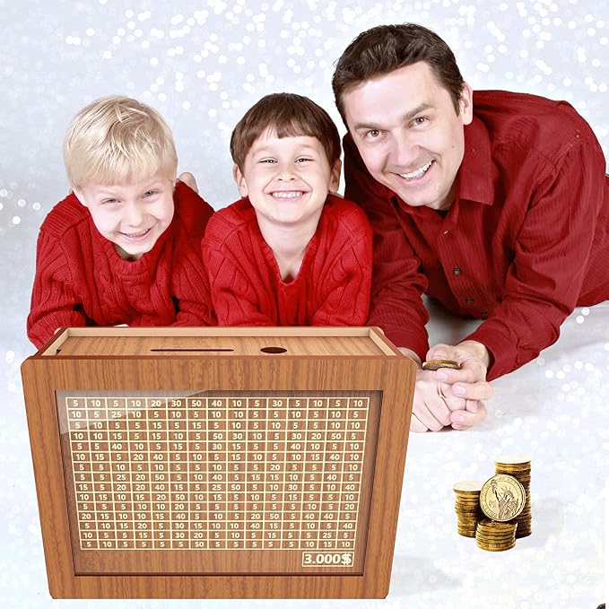 Piggy Bank for Adults Kids, Wooden Coin Bank for Boys and Girls, Cash Vault Money Saving Box with Counter $3000 Savings Challenge Money Box with Money Target and Numbers (Brown, $3000)