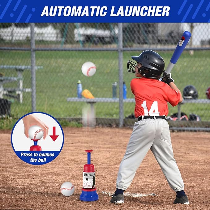 4 in 1 T Ball Sets for Kids 3-5 with Toss and Catch Ball Set, Hanging Tee Stand with Auto Pitching Machine/ 2 Bats, Indoor Outdoor Toys Birthday Baseball Gifts for Toddler Boys Girls, Blue