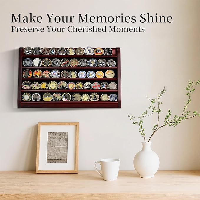 5 Rows Challenge Coin Holder Display Stand Holds 50 Coins for Wall Mount or Tabletop, Solid Wood Military Coin Rack Display Case for Army Collectibles, Mahogany