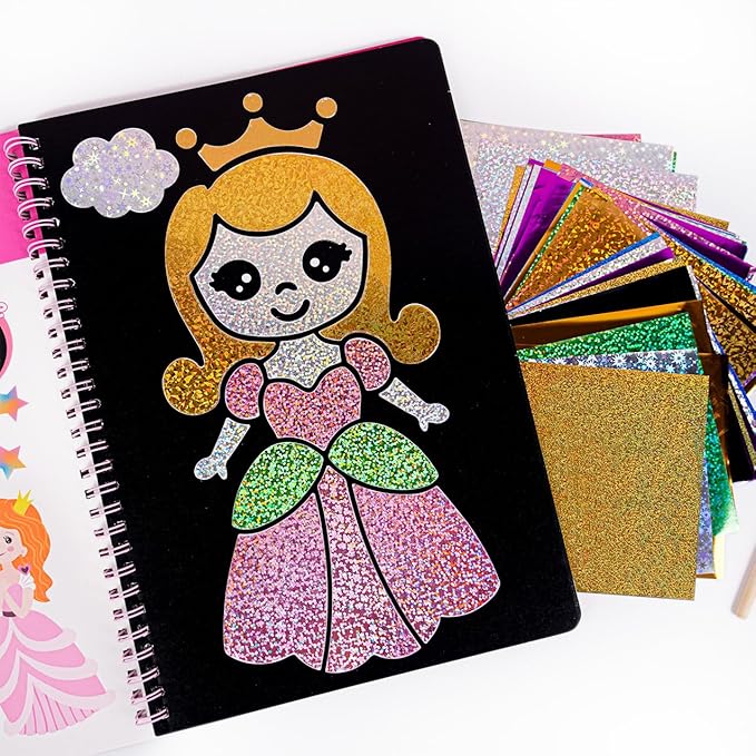 Fun & Mess-Free Foil Art Kit for Kids – 80 Foil Sheets & 32 Art Cards, No Glue Needed, Creative Craft Gift for Christmas Halloween Holiday Birthday（Princess Version）