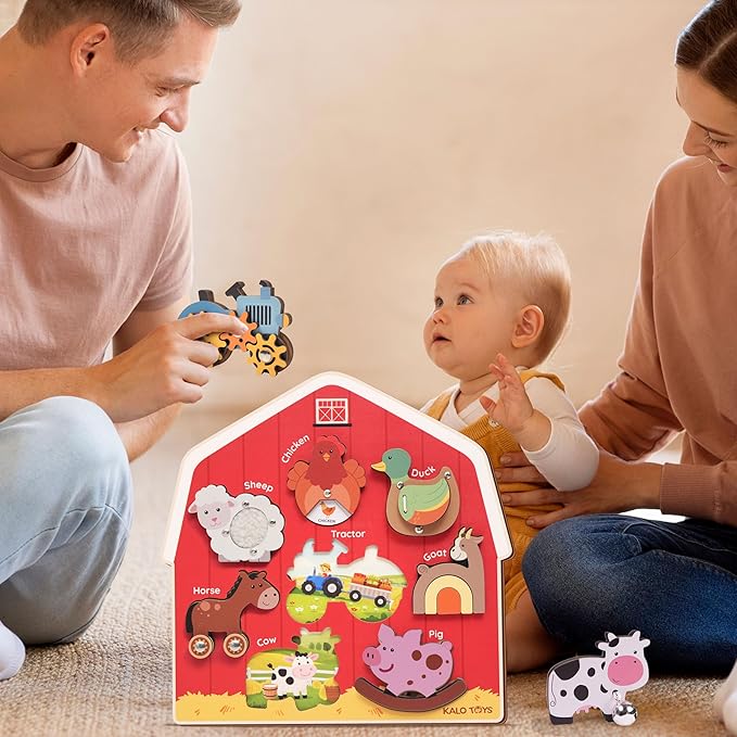 Wooden Montessori Farm Puzzles for Toddlers 1-3 – Interactive Sensory Animal Toys with Textures & Sound -Educational Puzzle & Baby Gifts for Fine Motor Skills & Autism Friendly (8 Puzzles)