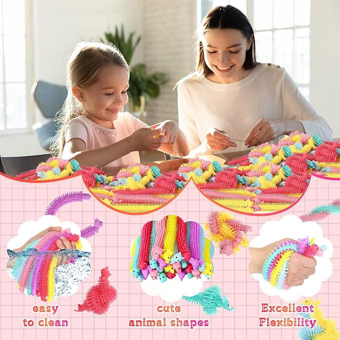 Chivao 100 Pack Bulk Stretchy String Fidget Toys Animal Sensory Toys for Kids and Adults Colorful Fidget Worm Stress Anxiety Relieve Party Favors Goodie Bag Fillers Birthday Gifts (Animal Style)