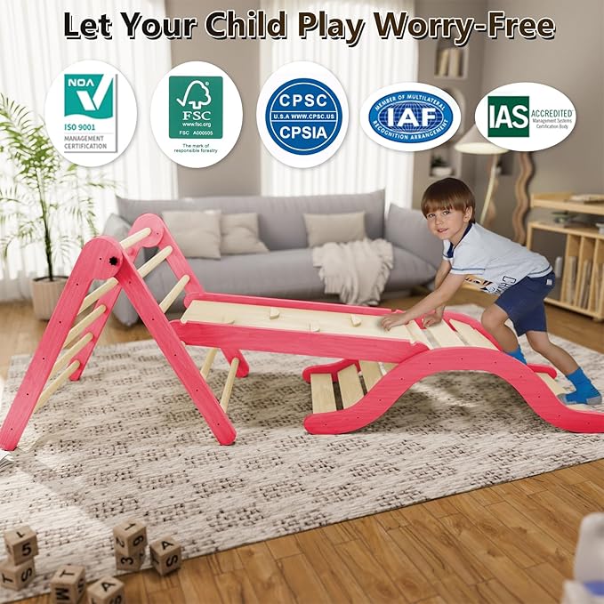 Pikler Triangle Set Climber 5 in 1, Toddler Climbing Toys Indoor Folding with Ramp & Arch & Mat for Montessori Play Gym for Toddlers and Kids (Pink)(105" Wx25 Dx31.5 H)