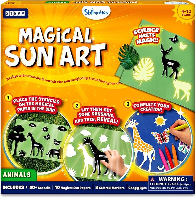 Skillmatics Sun Paper Art Kit - STEM Craft Kit for Kids with Decorative Paper, Stencils & Markers, Create with Sunlight, Mess-Free, Indoor Fun, Gifts for Ages 4, 5, 6, 7, 8, 9, 10, 11, 12