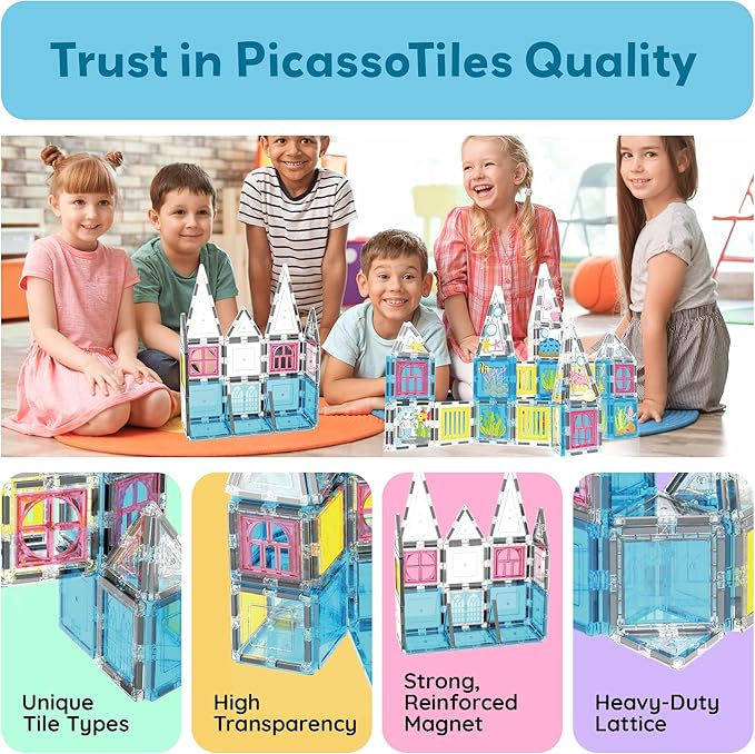 PicassoTiles 50 Piece Magnetic Tiles Mermaid Theme Magnet Building Blocks Toddler Toy Educational STEM Learning Kit Construction Set Pretend Play Preschool Kid Game Toddler Girl Boy Ages 3 & Up PTQ34
