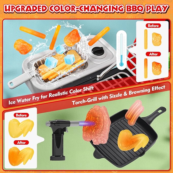 86PCS Kids Play Kitchen Toys: 2025 Kids Grill Playset with Smoke, Sound, Light, UV&Water Color-Changing Play Food, Pretend Kids Kitchen Playset, Interactive BBQ Outdoor Toys, Birthday Gift for Toddler