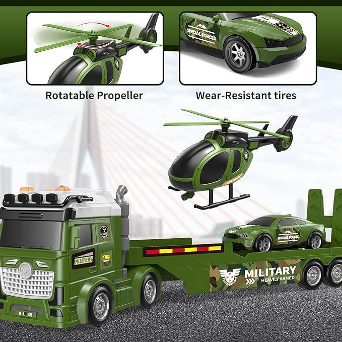 Kids Toys for Ages 3 4 5 6 7 8 Years Old Boys, 25" Large Army Semi Truck with Helicopter & Race Car, Friction Powered Vehicle with Lights & Sounds,Birthday Gift for Boys Girls