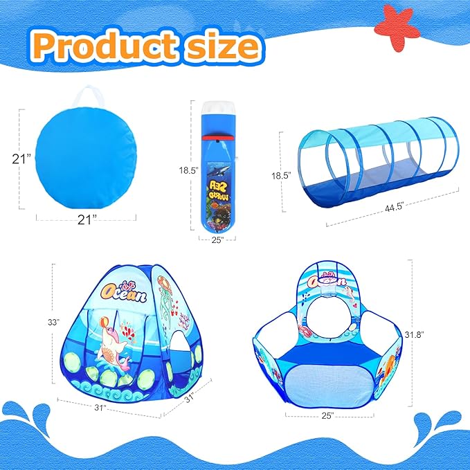 3 in 1 Kids Play Tent with Play Tunnel, Ball Pit, Projection Flashlight for Boys & Girls, Toddler Pop Up Playhouse Toy for Baby Indoor Outdoor