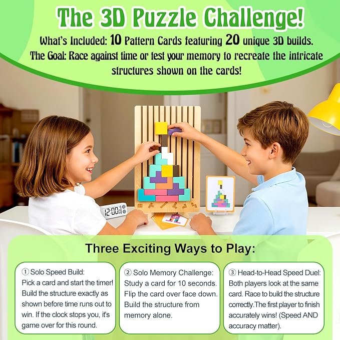 Wooden Stacking Puzzle Toy, Montessori Brain Blocks Toys, 3D Brain Teaser Puzzles for Kids Adults, Indoor Recess Games Classroom for Toddlers Ages 3-5 6-8, STEM Educational Logic Game