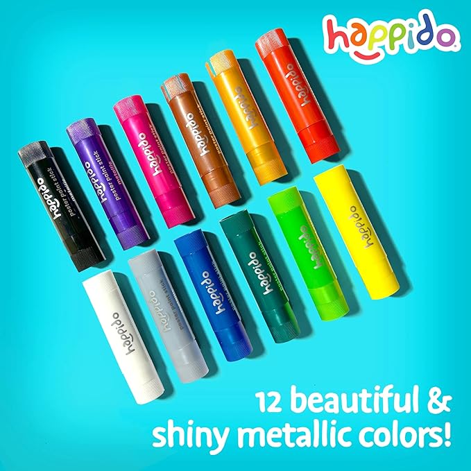 Happido Set of 12 Twistable Tempera Paint Sticks For Kids, Quick Drying, No Mess Art Supplies for Toddlers and Kids Ages 4-6 - METALLIC COLORS