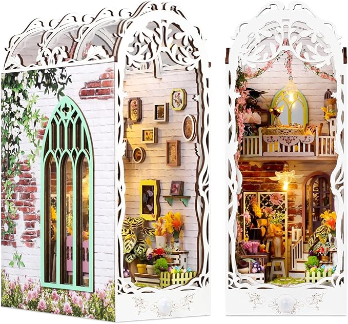Book Nook Kit - DIY Miniature Dollhouse Kits for Adults, Booknook Bookshelf Insert with LED Light, 3D Wooden Puzzle Bookend Insert, Hobbies Gifts for Family and Friends, Flower House