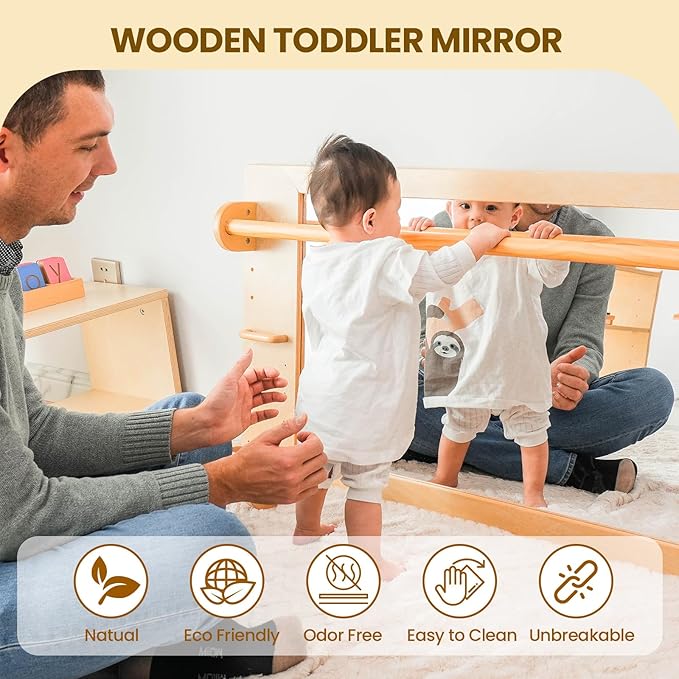 XIHAToy Coordination Mirror Montessori Wooden Toddler Mirror Safety Shatterproof Mirror Acrylic Non-Glass Early Learning to Walk Mirror with Handle, XH-MTM-2