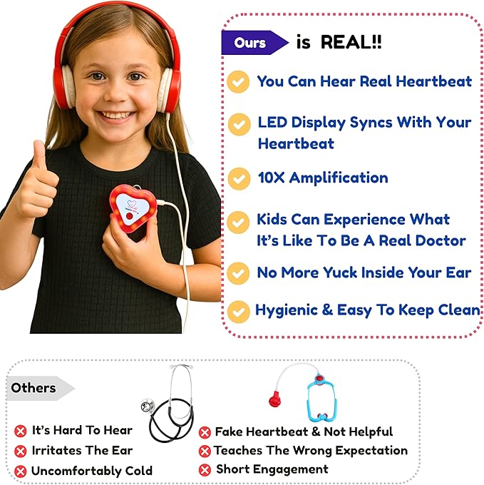 Heartbeats Electronic Stethoscope Toy with LED Display & 10X Sound Amplification, Real Working Stethoscope - STEM Medical Learning Toy Boys & Girls Age 4+, Kids Nurse Doctor Kit - Educational Toy Gift