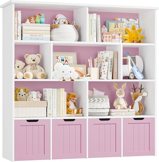 FINETONES Toy Storage Organizer, Kids Bookshelf with 4 Movable Chests and 7 Storage Cubes, Toy Chest Storage with Hidden Wheels, Toy Organizers and Toy Storage, Pink