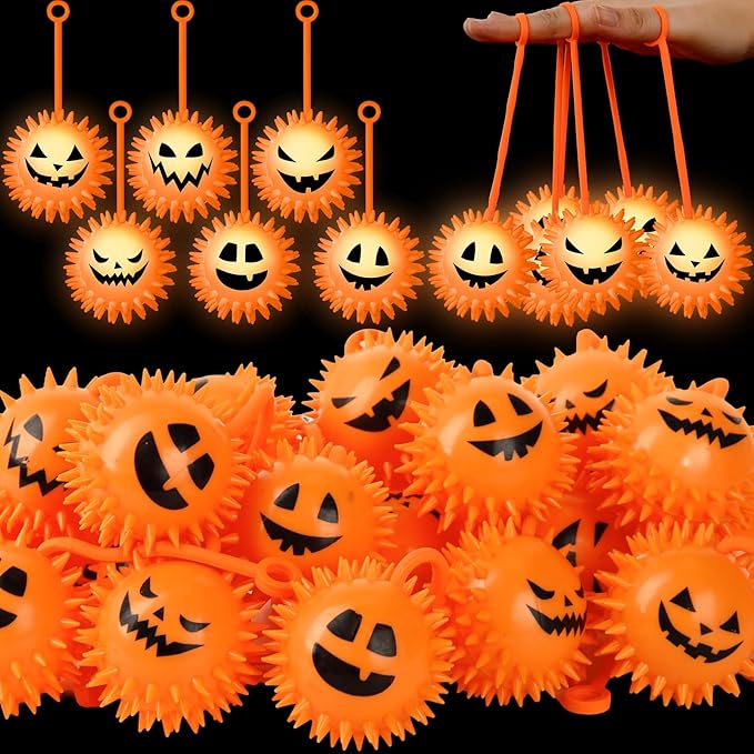 Sotiff 60 Pcs LED Halloween Pumpkin Stress Bouncy Light up Balls Spiky Squeaky Rubber Sensory Ball for Halloween Holiday Decors Gift Bag Stuffers Party Favor Fillers