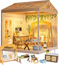 DIY Miniature House Kit Plastic House Building Toy Set with Roof & 2 Doors, Mini Dollhouse Kit with LED for Mini Figures Construction Toys Diorama Kit Gifts for Teens Adults (Happy Garden)