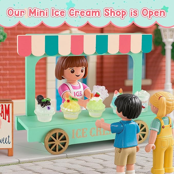 Mini Ice Cream Truck Toy Set with 7 Smoothies & 6 Drink Bottles - Display Case & Wooden Sign for Dollhouse Kitchen, Role Play & Pretend Food