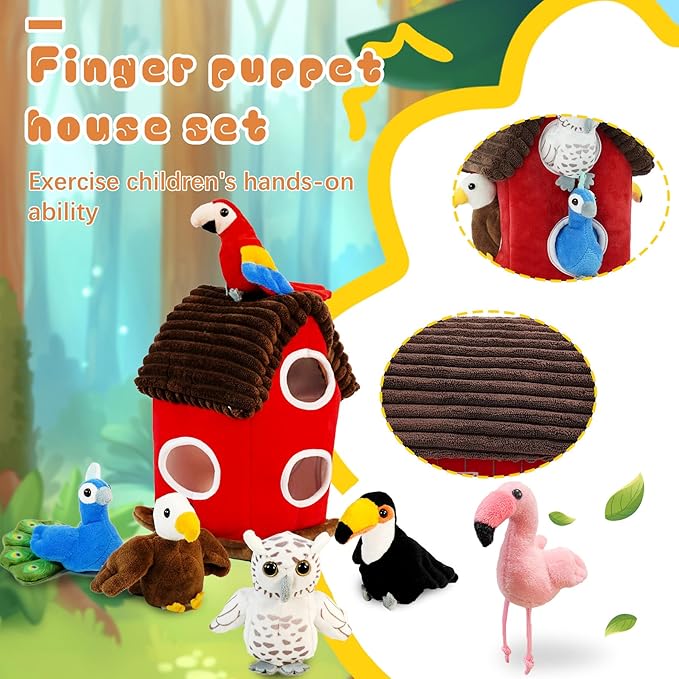 6pcs Birds Finger Puppets Bringing a House, Novelty Animals Toys Puppet for Kids, Storytelling Role-Playing Plush Finger Puppets Gifts for Boys and Girls