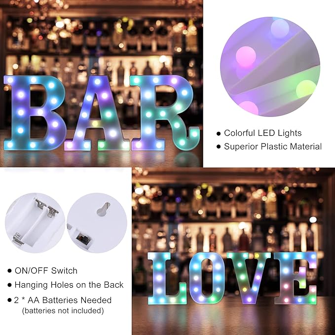 Foaky Colorful LED Letter Lights with Remote,Marquee Light Up Letters Sign for Night Light Wedding/Birthday Party Battery Powered Christmas Lamp Home Bar Decoration(Y)