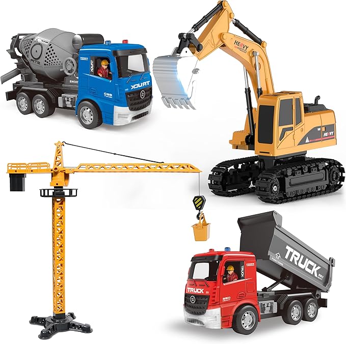 Construction Toys Boys Girls Gift - Remote Control Excavators Dump Cement Tower Crane Set