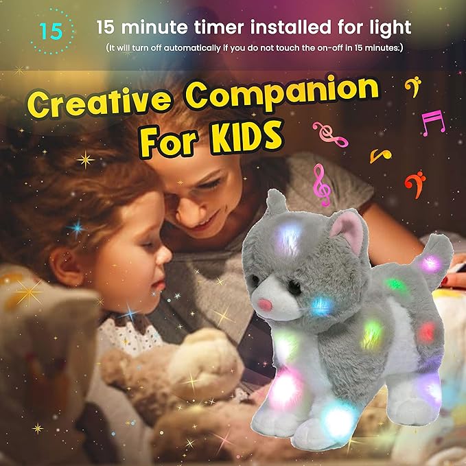Hopearl LED Musical Stuffed Kitty Lighting Up Singing Plush Cat Adjustable Volume Lullaby Animated Soothe Birthday Gifts for Kids Toddler Girls, Grey, 13.5''